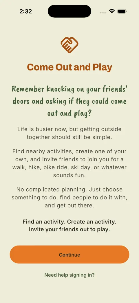 The Come Out and Play welcome screen with a Continue button.
