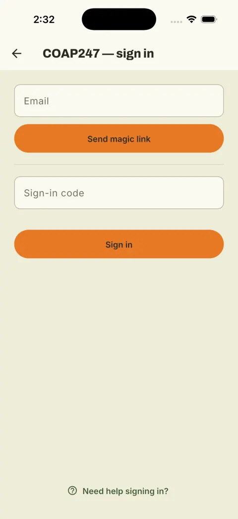 The sign-in screen with an email field and a box for the sign-in code.