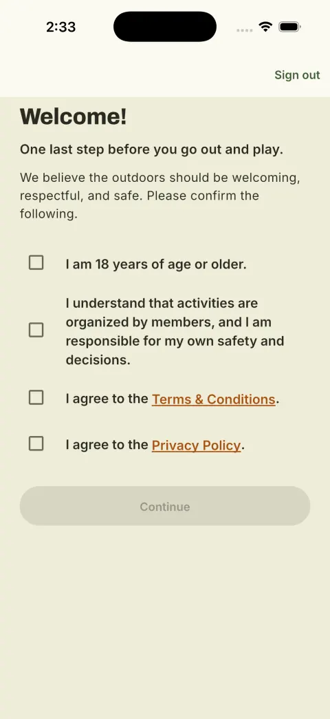 The consent screen with four checkboxes to tick before continuing.