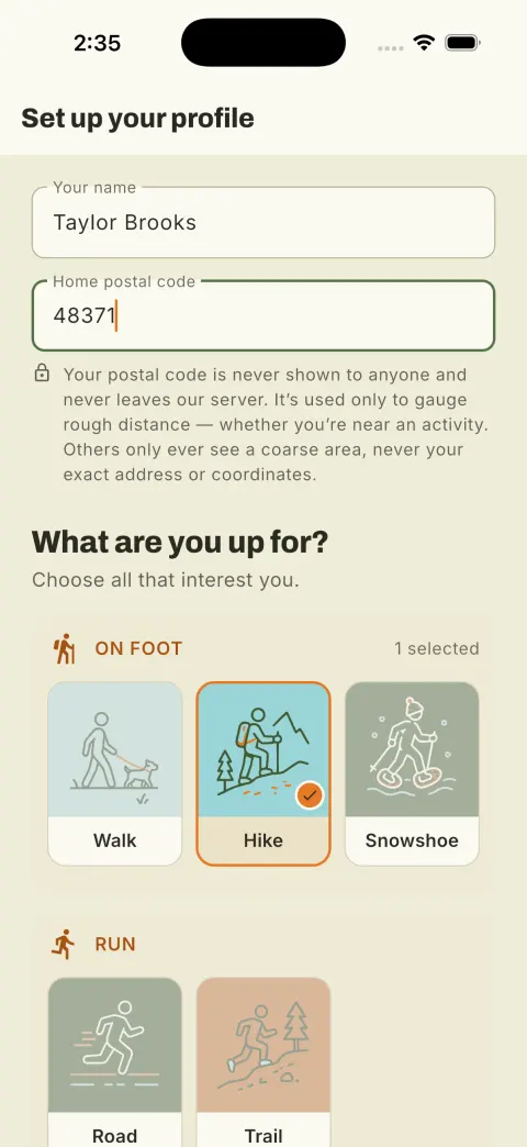 The profile setup screen for your name, postal code, and the activities you’re up for.