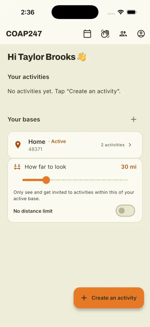 An empty home screen, shown before you’ve added any friends.