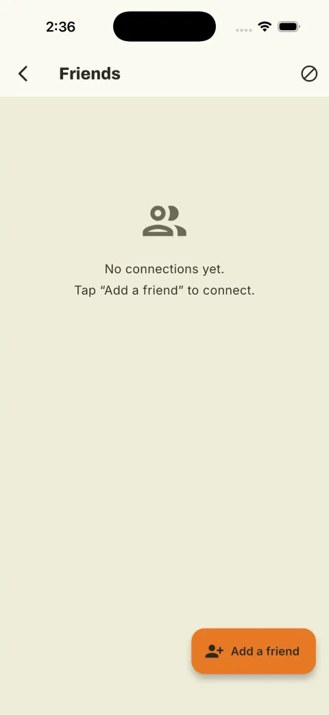 The connections screen showing no friends added yet.