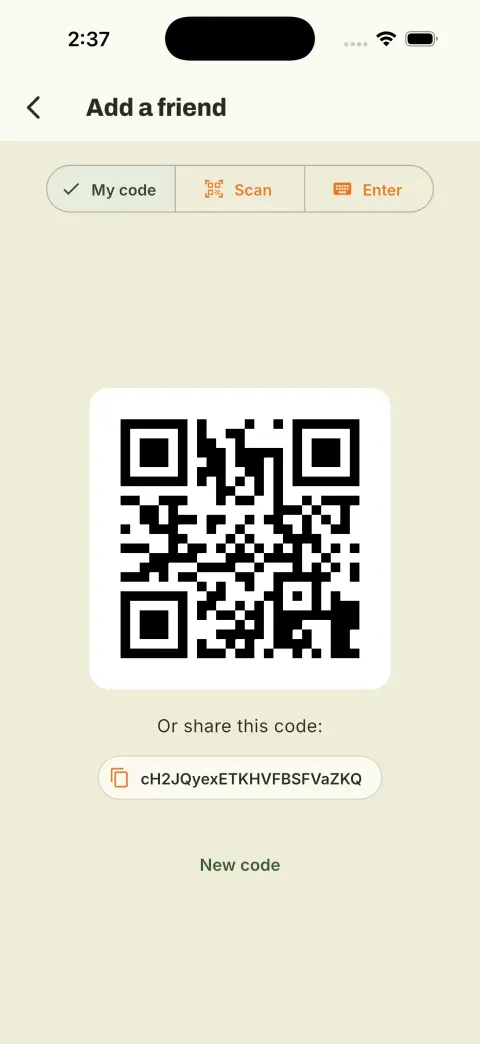 Your personal connection code shown as a QR code and a copyable text code.
