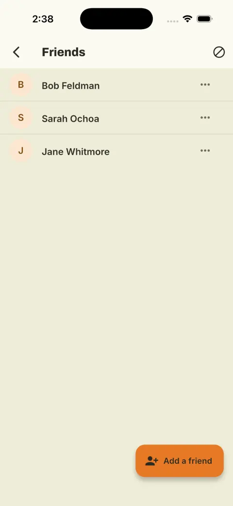 The connections list after three friends have been added.