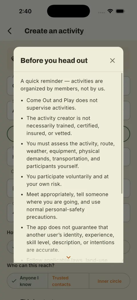 A safety reminder shown before you head out to meet up.