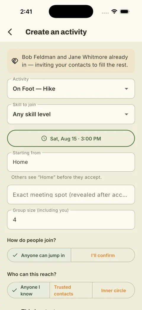 The propose-an-activity form, pre-filled with the friends who are already in.
