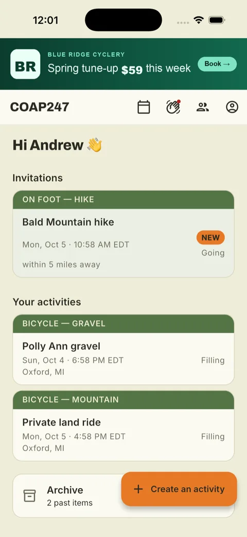 The Come Out and Play home screen with one banner across the top for a bike shop’s spring tune-up. Below it are the member’s invitation and their gravel and mountain bike rides.